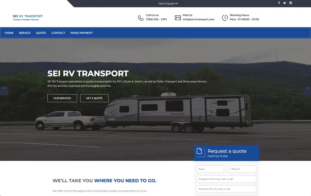 SEI RV Transport, a client site hero